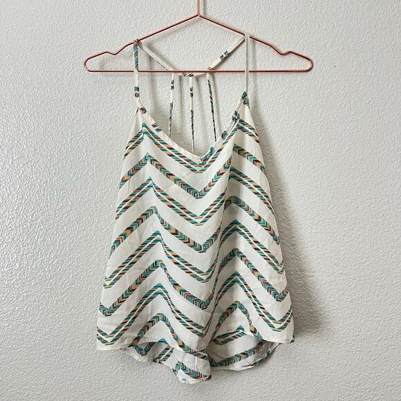 Full Tilt Chevron Stripe Print Strappy Back V Neck Tank Top ivory green brown - Picture 1 of 5